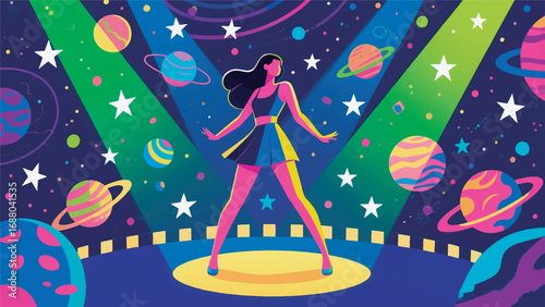 Illustration of Woman with Unique Visuals on a Stage Vector Design Template