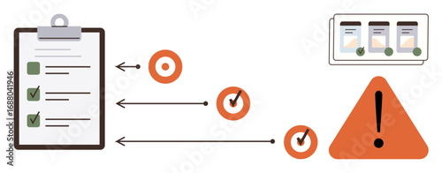 Checklist on clipboard, progress targets, risk alert icon, and tool panels visualize task flow, monitoring, goal tracking, and project assessment. Ideal for planning, productivity organization risk