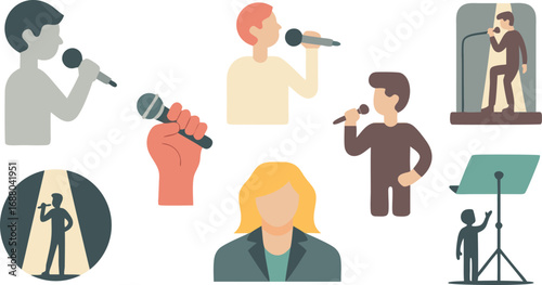 Diverse People Singing and Speaking Into Microphones Flat Illustration of Performances and Presentations