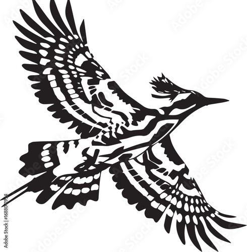 Hoopoe Flight: A stunning vector illustration captures the dynamic form of a hoopoe in full flight, showcasing its intricate patterns and the grace of nature.