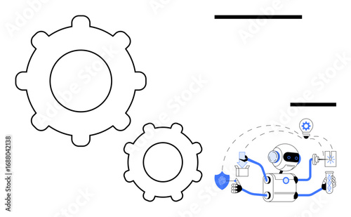 Robot multitasking with tools, shield, and charts, surrounded by gears. Ideal for technology, robotics, automation, engineering innovation AI solutions process optimization. Simple flat metaphor