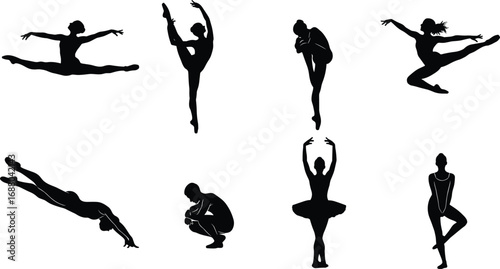"Ballet and dance silhouette vector set showing expressive poses, graceful movement, flexibility, and strength for artistic and fitness design"