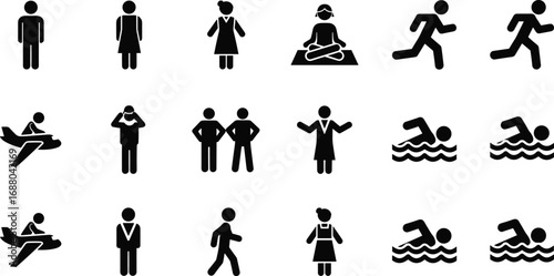 Human activity silhouette icons set featuring running, swimming, sitting, walking, flying, and emotional gestures for design and signage