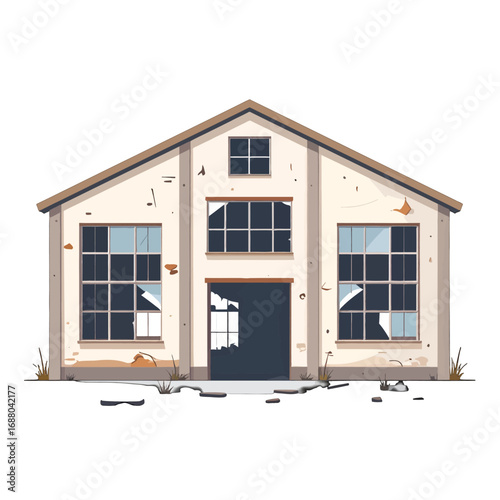 Pixel Art Abandoned Building with Broken Windows and White Walls Isolated on White Background