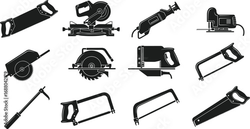 Vector illustration of various hand saws, power saws, jigsaws, hacksaws, circular saws, cutting tools, and woodworking equipment silhouettes