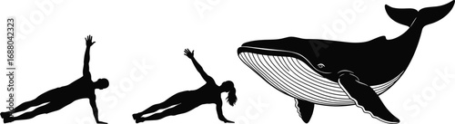 "Side plank exercise silhouette with blue whale icon showing contrast in scale, fitness pose, marine life and artistic composition"