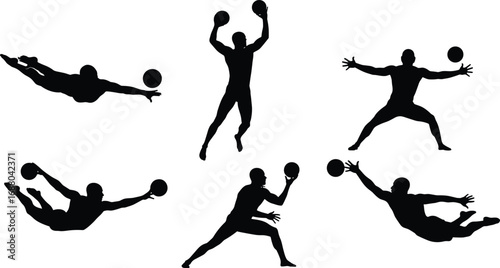 Set of six athlete silhouettes in dynamic ball-handling poses, ideal for sports, motion, teamwork, and active vector design