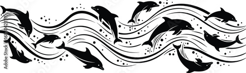 Stylized dolphin vector illustration in motion, black and white marine design with bubbles, waves, and aquatic energy for ocean-themed content
