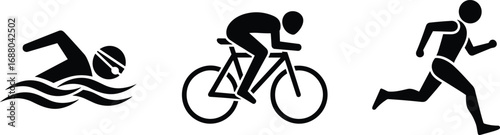 "Triathlon silhouette vector set featuring swimmer, cyclist, and runner icons in dynamic sports poses for fitness and training design"