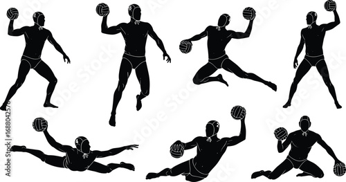 "Water polo player silhouette set showing dynamic ball poses, athletic movement, sports action, and competitive swimwear for vector design