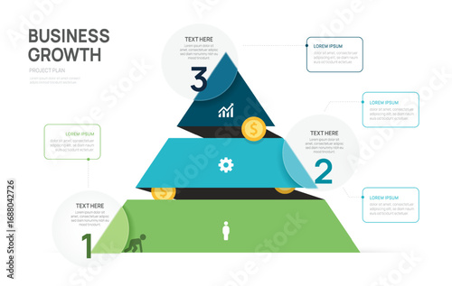 Infographics business growth pyramid triangular chart timeline 3 steps to success template.