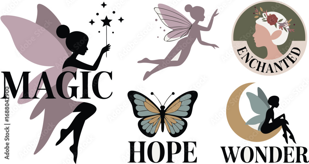 Fototapeta premium Fairies, Butterfly, Moon, Flowers, and Text with Magic, Hope, Wonder, Enchanted Words