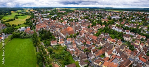 An aerial panorama view above the old town of the city Langenzenn on a cloudy summer day in Bavaria, Germany