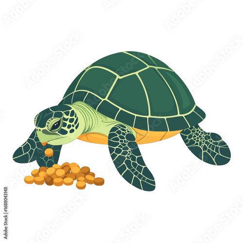 Green Sea Turtle Eating Brown Pellets on White Background Pixel Art