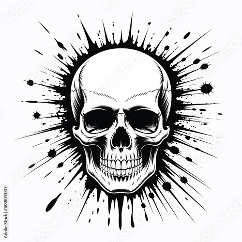 Human skull ink splash black and white splatter