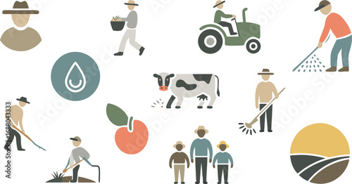Farm Life Icons Farmers, Cow, Tractor, Orchard, Water Drop, Field, and Agricultural Activities