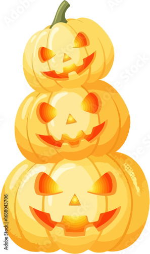 Stack of glowing jack o lantern pumpkins with carved faces isolated on white for halloween autumn spooky