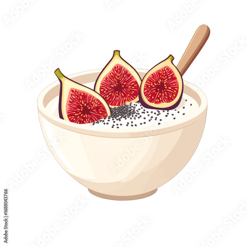 Pixel Art Bowl of Yogurt with Sliced Figs and Chia Seeds and Wooden Spoon on White Background