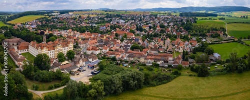 An aerial panorama view above the old town of the city Ellingen on a sunny summer day in Bavaria, Germany
