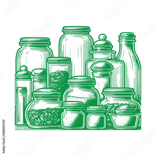 Black and White Vector Illustration of Vintage Glass Jars with Lids on a Counter