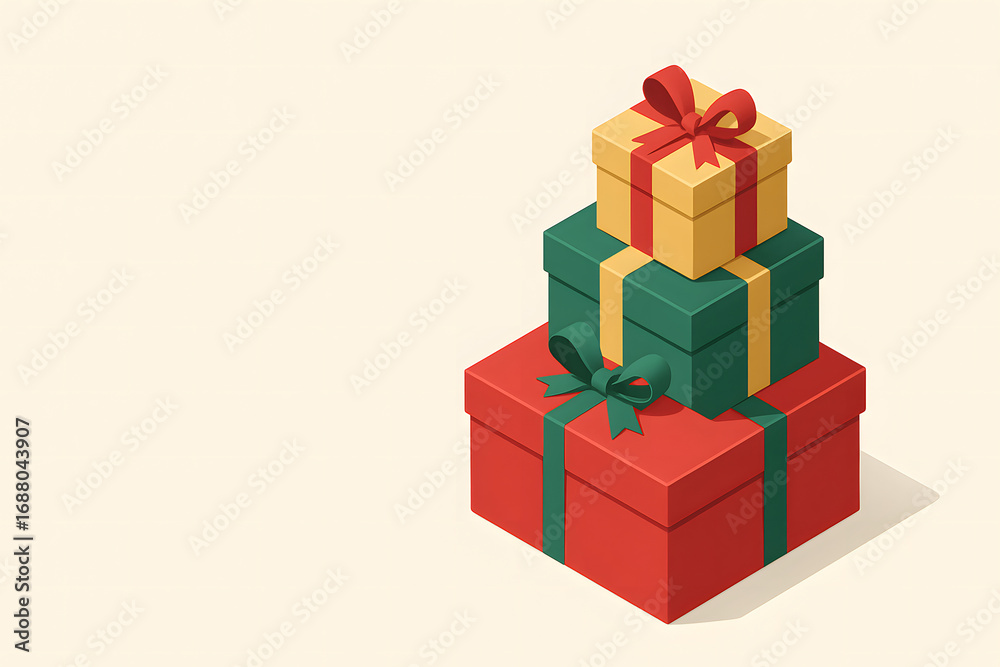 Fototapeta premium A stack of three colorful gift boxes, wrapped with ribbons, presented in an isometric 3D style on a plain light background.