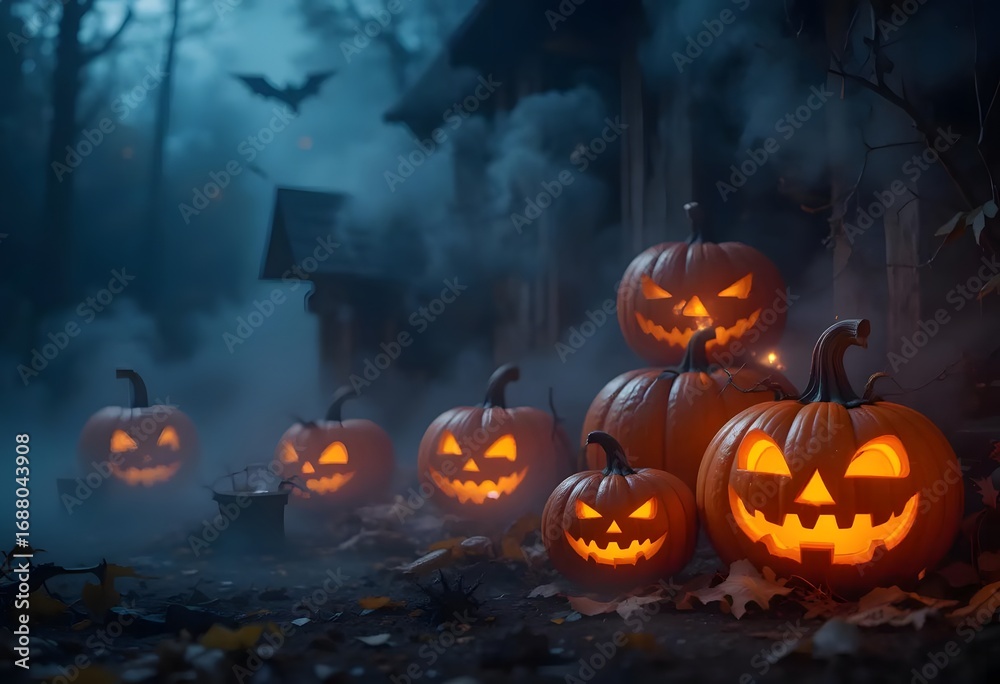 Fototapeta premium Halloween Background with Glowing Jack-o’-Lanterns