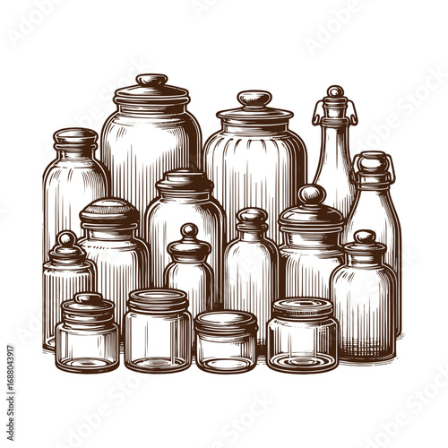 Black and White Vector Illustration of Vintage Glass Jars with Lids on a Counter