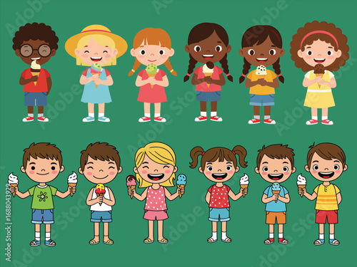 Kids Eat Ice Cream Illustration. with friends