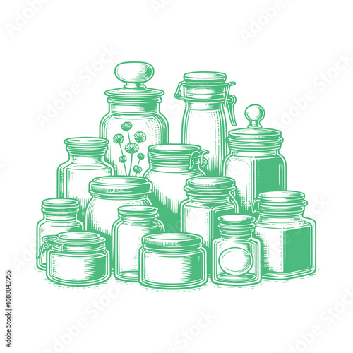 Black and White Vector Illustration of Vintage Glass Jars with Lids on a Counter