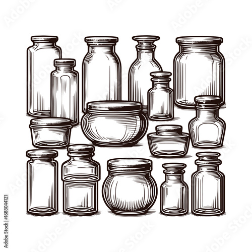 Black and White Vector Illustration of Vintage Glass Jars with Lids on a Counter