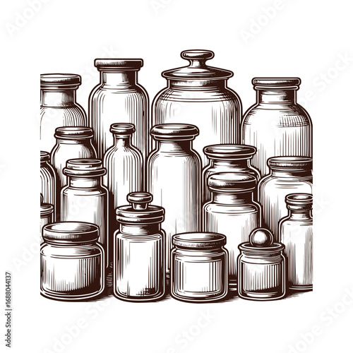 Black and White Vector Illustration of Vintage Glass Jars with Lids on a Counter