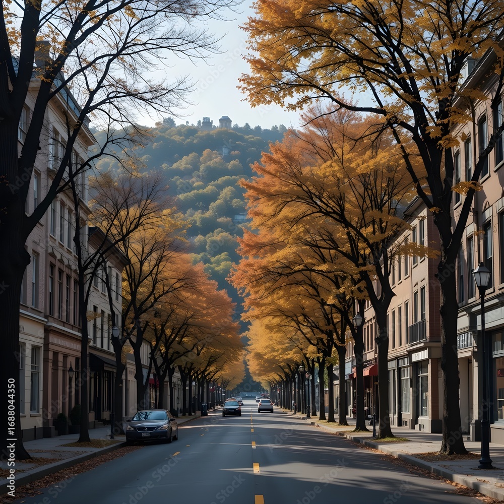 Fototapeta premium Autumn street, Falling leaves, a romantic street, AI Generative