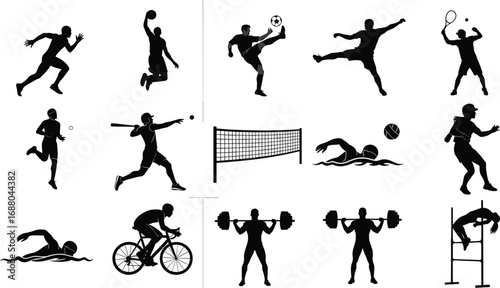 Sports silhouettes, athletes running, jumping, swimming, cycling, playing volleyball, baseball, tennis, weightlifting, high jump, active lifestyle, fitness, workout, training, sports competition