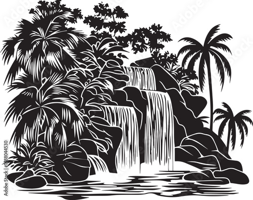 Waterfall Paradise: A monochrome masterpiece depicts a cascading waterfall flowing through lush tropical foliage, evoking serenity and the raw power of nature, inviting a sense of calm. 