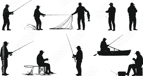 Silhouettes of fishermen fishing from shore, boat, using rods, nets, catching fish, outdoor hobby, nature, water sport, fishing gear, leisure activity