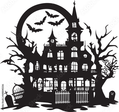 Silhouette of a Spooky Haunted House: A meticulously crafted silhouette showcasing a foreboding haunted house, complete with bats, a full moon, and gnarled trees. A Halloween or horror theme.
