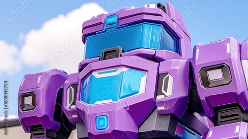 Detailed close-up of a futuristic purple robot toy standing against a bright sky background