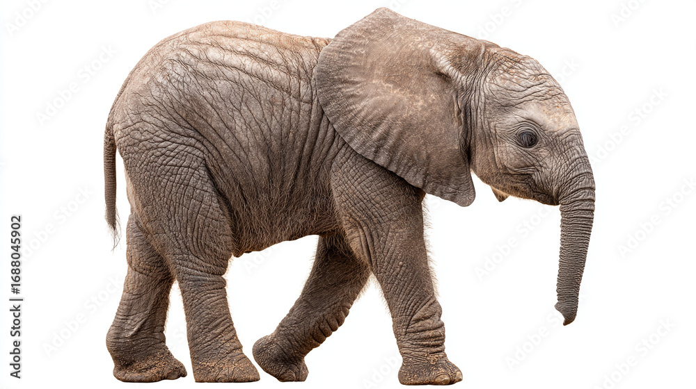 Fototapeta premium A young elephant walking with its trunk down on a plain white background in a studio shot
