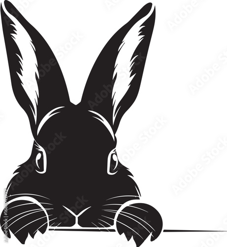 Rabbit Silhouette Portrait: An adorable black rabbit, featuring large ears, big eyes, and soft fur, emerges with a charming inquisitive expression.