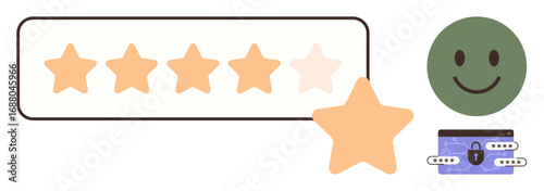 Star rating scale, happy face for satisfaction, and secure wallet icon. Ideal for feedback, reviews, user experience, quality, trust online service success. Simple flat metaphor