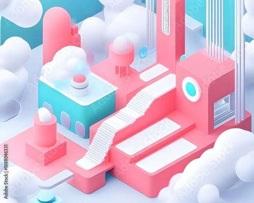 Isometric Pastel Pink Cityscape Dreamy Cloudscape Fantasy Architecture