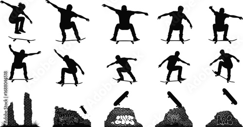 Silhouette vector of skateboarders jumping with urban graffiti brick walls, showcasing extreme street skating culture, tricks, stunts, and motion