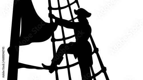 Silhouette of a pirate climbing the rigging of a ship with a flag waving in the wind on a white background