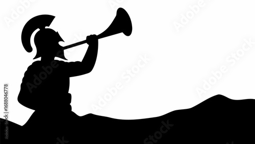 Silhouette of spartan soldier with helmet blowing horn on a hilly landscape in black and white color scheme