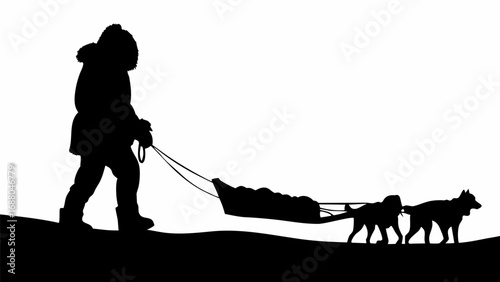 Silhouette of a person in winter clothing with dogs pulling a sled across a snowy landscape scenery view