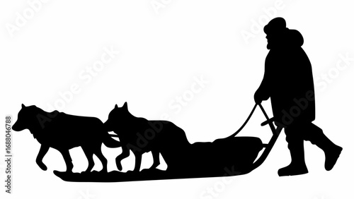 Silhouette of a musher in winter clothing with two dogs pulling a sled across a snowy landscape scene