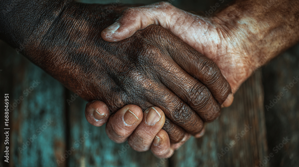 Fototapeta premium A close up shot of two hands clasped together with different skin tones showing diversity