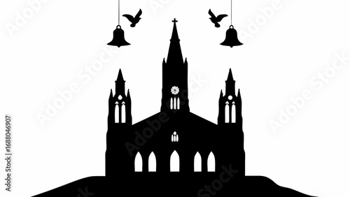 Silhouette of a church with birds and bells hanging above it in a black and white illustration style