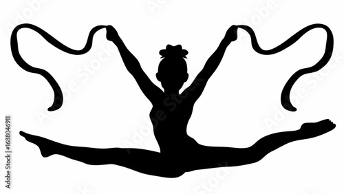 Silhouette of a rhythmic gymnast in a split holding ribbons in the air with arms raised high above head