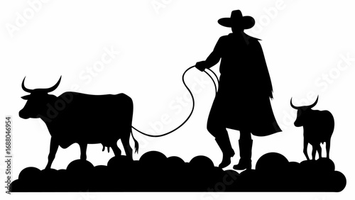 Silhouette of a cowboy with a hat and cloak herding two cows with a rope on a cloudy ground area